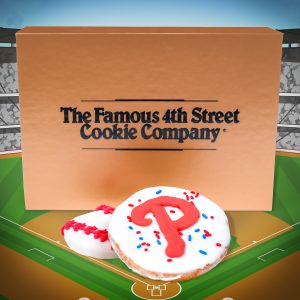 Picture of dipped Philadelphia Phillies cookies in the Phillies Cookie Box of 12